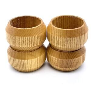 Vintage MCM Wooden Faceted Napkin Rings Light Wood Grain - Set of 4